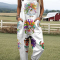 Women's Funny Chicken Art Print Casual 100% Cotton Wide Leg Jumpsuit