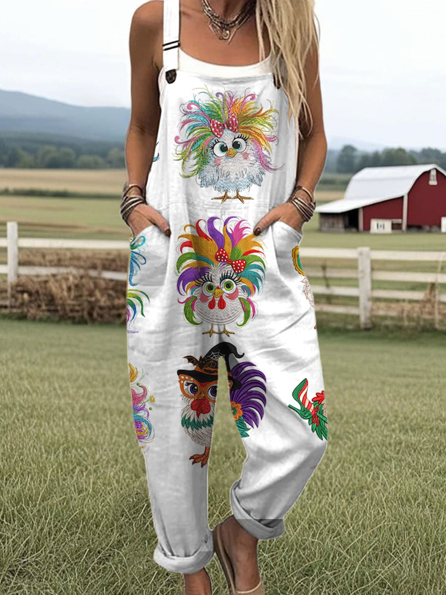 Women's Funny Chicken Art Print Casual 100% Cotton Wide Leg Jumpsuit