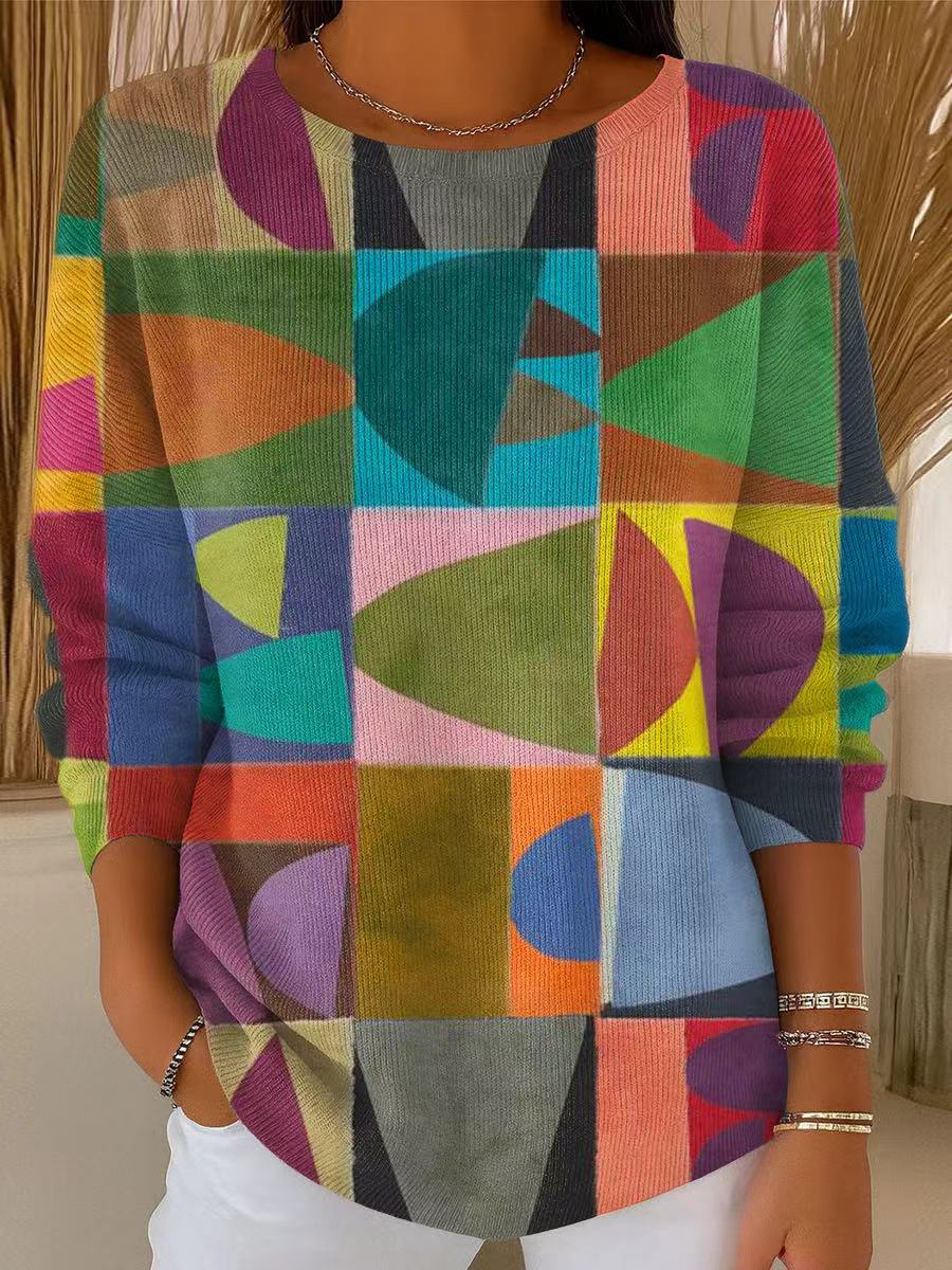Women's Vintage Colorful Abstract Geometric Painting Art Print Casual Pullover Sweater