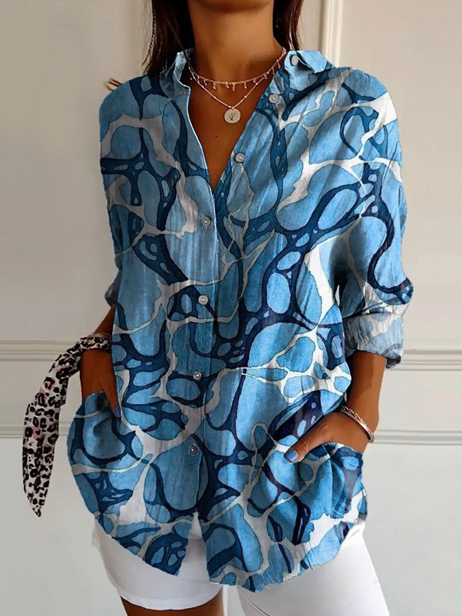 Women's Vintage Sea Water Pattern Print Casual Cotton Shirt