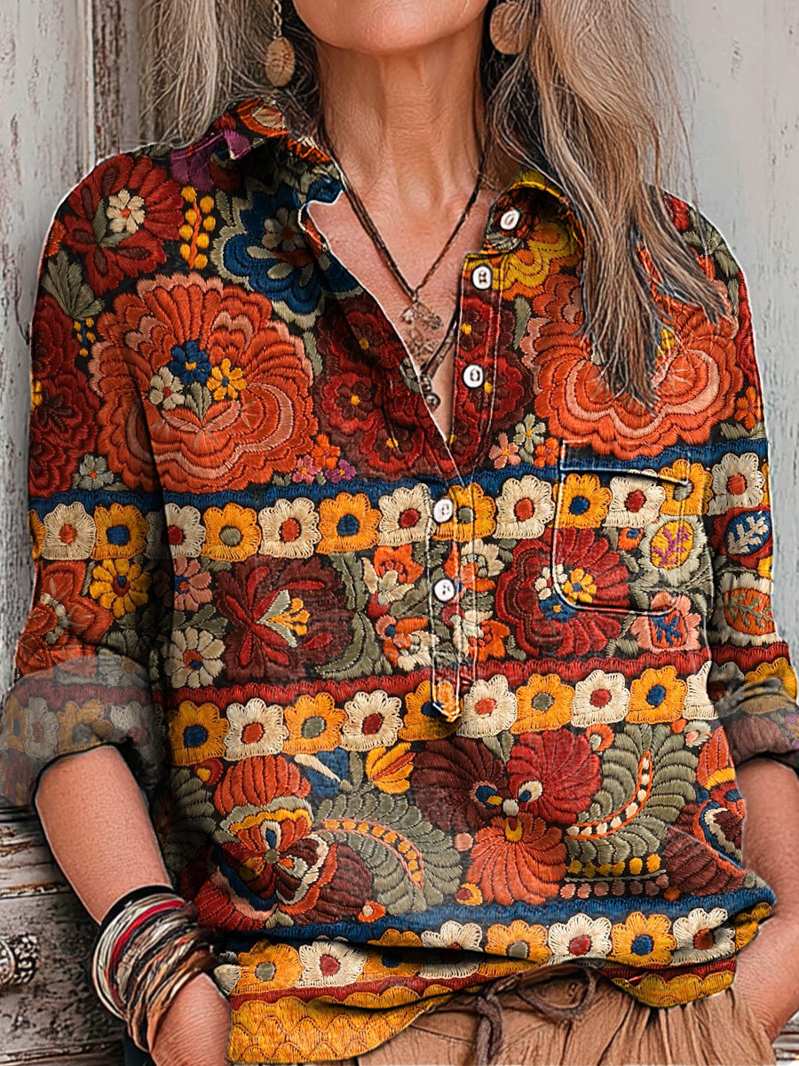 Women's Vintage Ethnic Floral Geometric Stripe Painting Art Print Casual Cotton And Linen Shirt