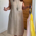Women's Round Neck Pocket Cotton and Linen Dress