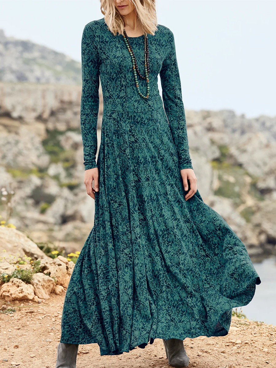 Bohemian Floral Print Crew Neck Stretch-knit Dress