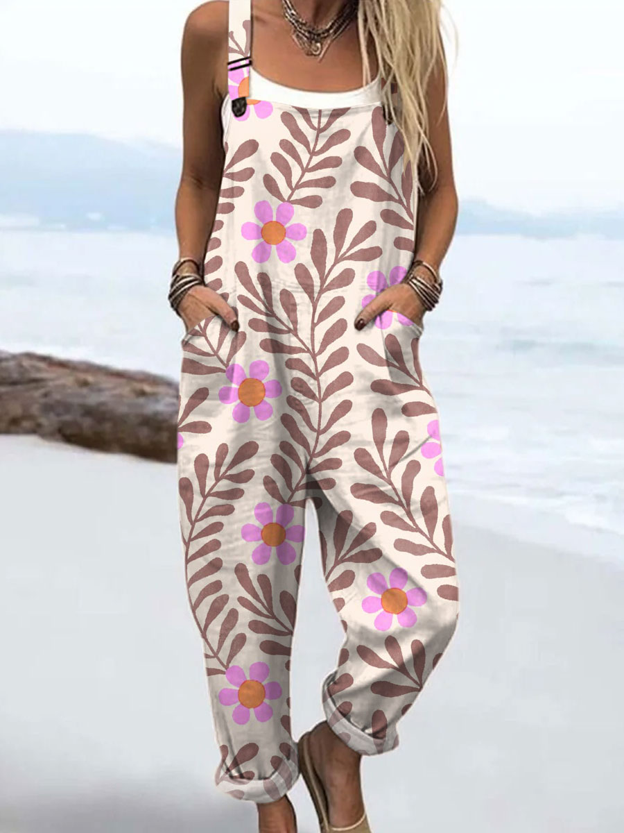 Women's Floral  Art Print Casual 100% Cotton Wide Leg Jumpsuit