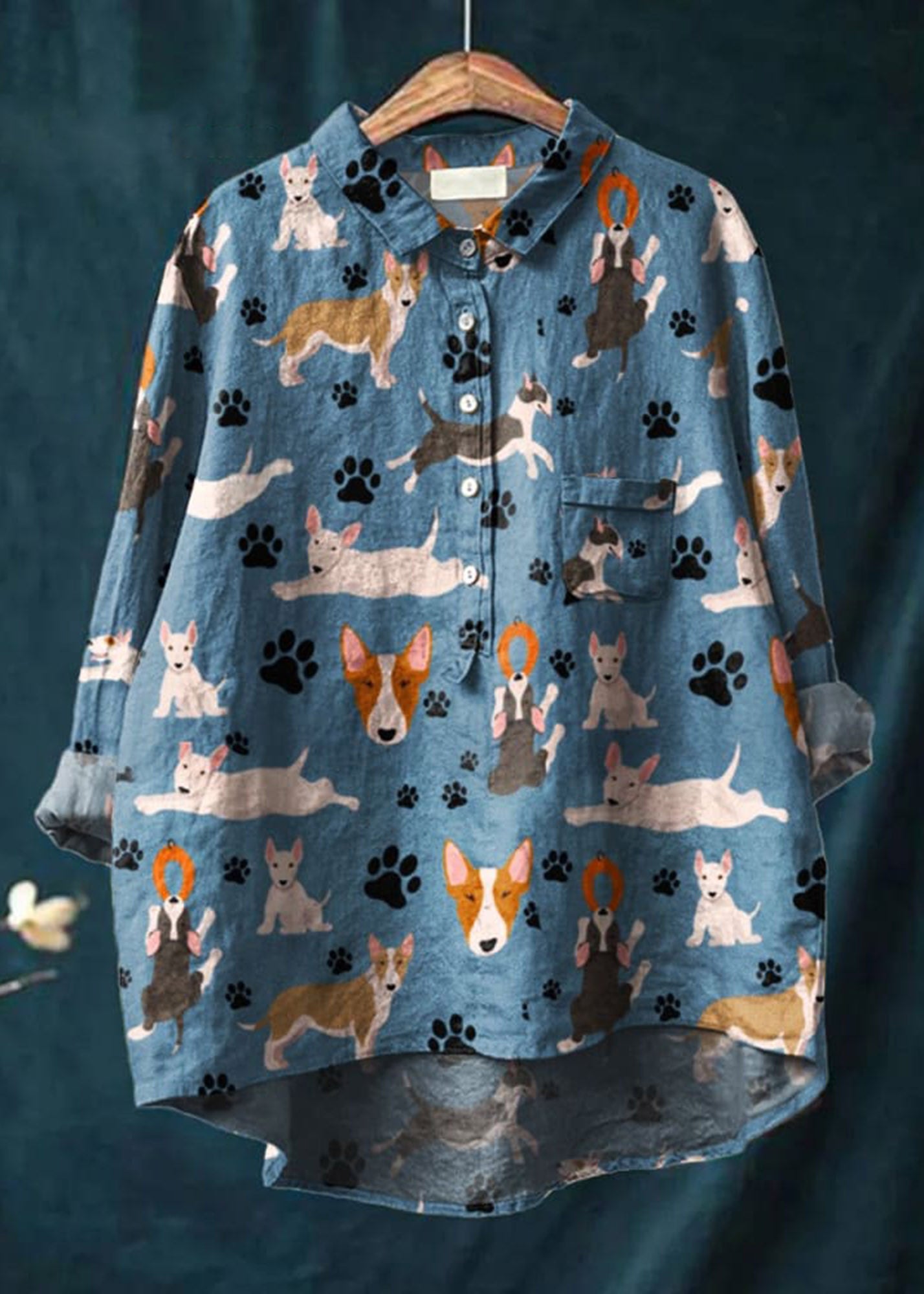 Women's Funny Dog  Art Print Casual Cotton And Linen Shirt