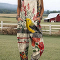 Damen-Jumpsuit mit Vintage-Blumen- und Vogelmotiv, lässig, aus 100 % Baumwolle, weites Bein 