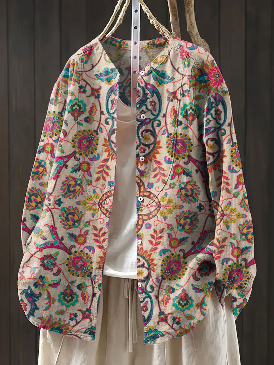 Women's Vintage Flower Art Print Casual Cotton And Linen Shirt