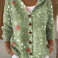 Women's Christmas Tree Art Printed Casual Hooded Button Sweater