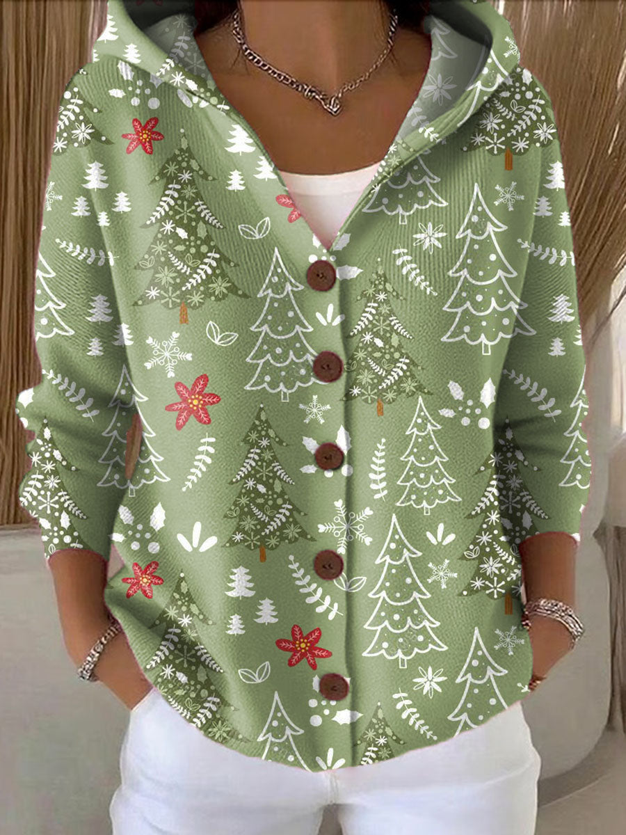 Women's Christmas Tree Art Printed Casual Hooded Button Sweater