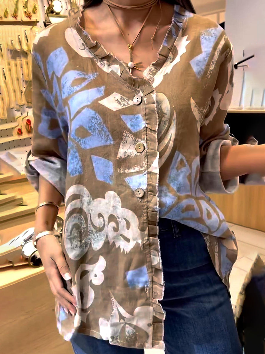 Vintage Lace V-Neck Printed Shirt Top