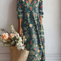 Women's Vintage Flower Art Print Linen Pocket Dress