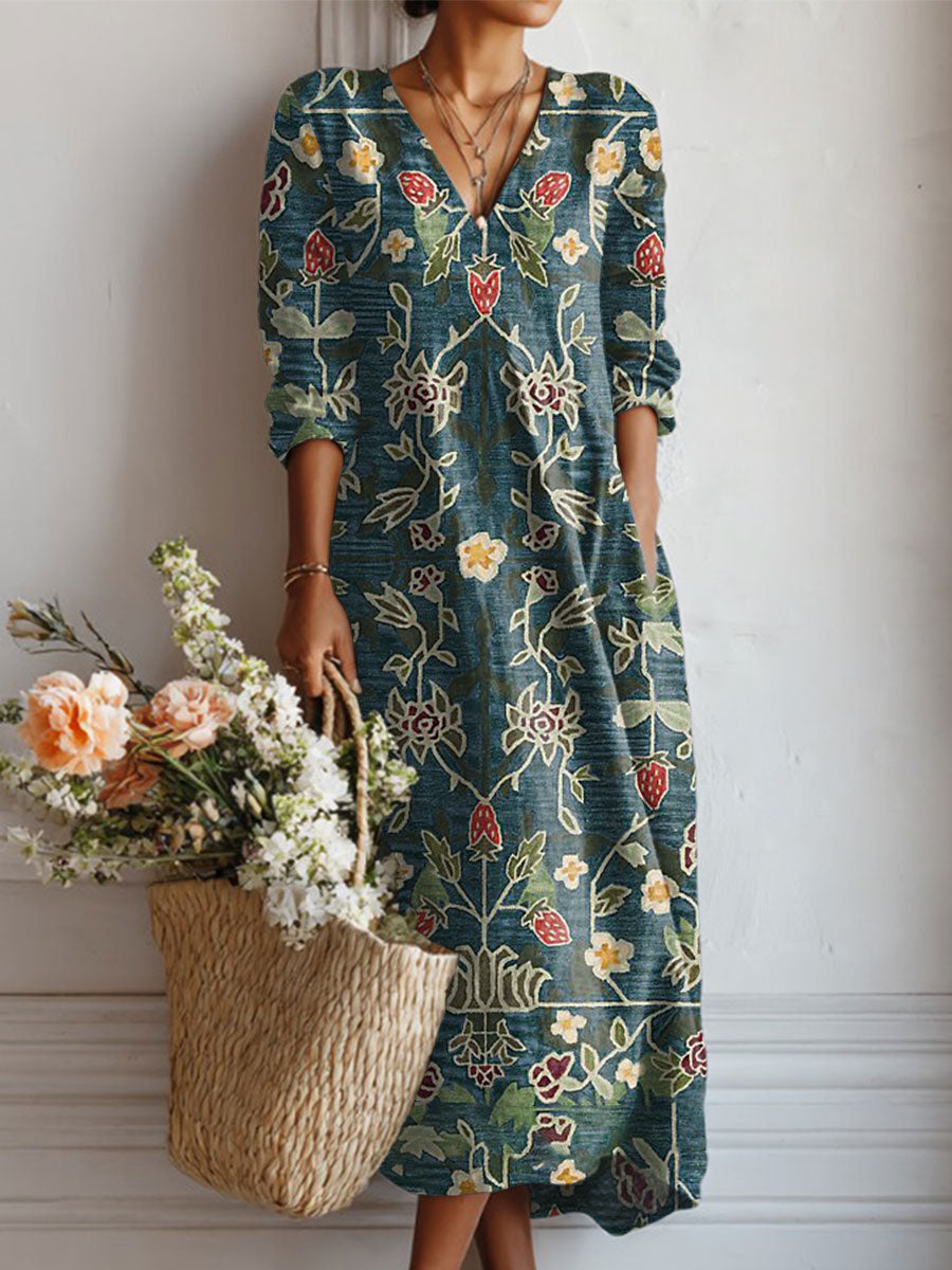 Women's Vintage Flower Art Print Linen Pocket Dress
