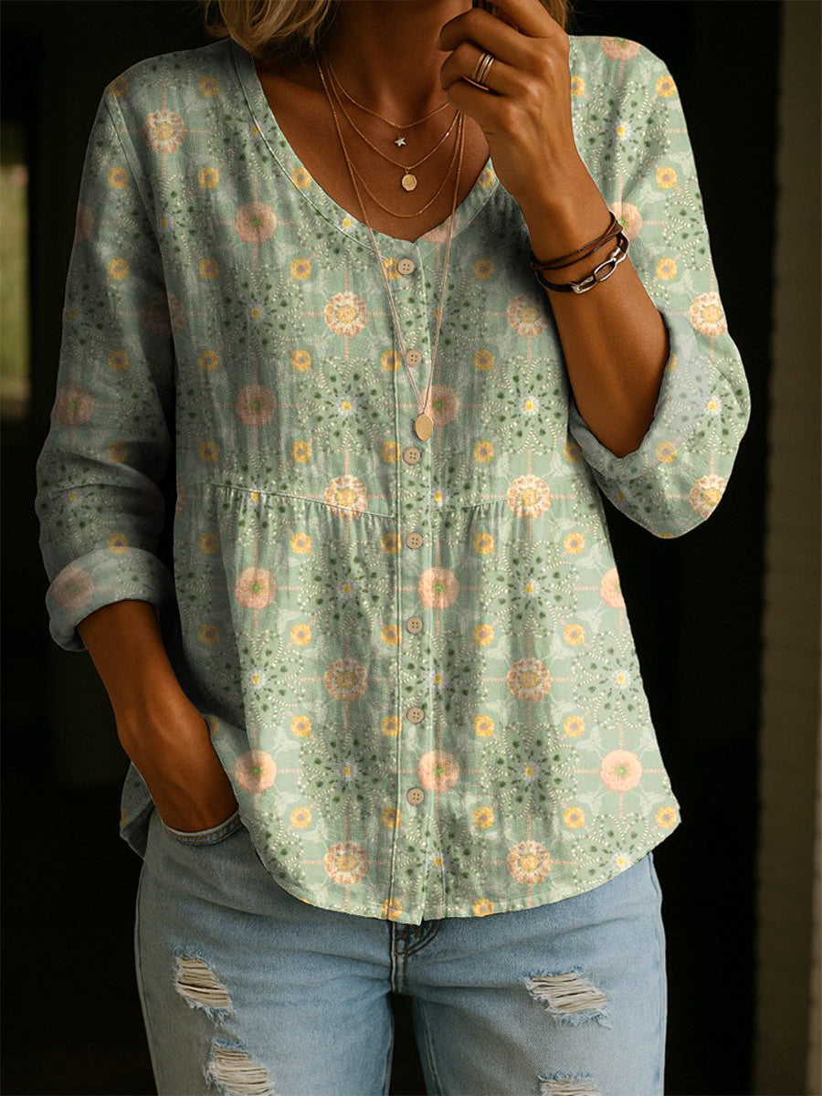 Women's Floral Pattern Art Print Casual Cotton Shirt