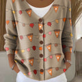 Thanksgiving Maple Leaf Pumpkin Cake Print Buttoned V-neck Cardigan Sweater