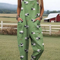 Women's Lovely Sheep Pattern Art Print Casual 100% Cotton Wide Leg Jumpsuit