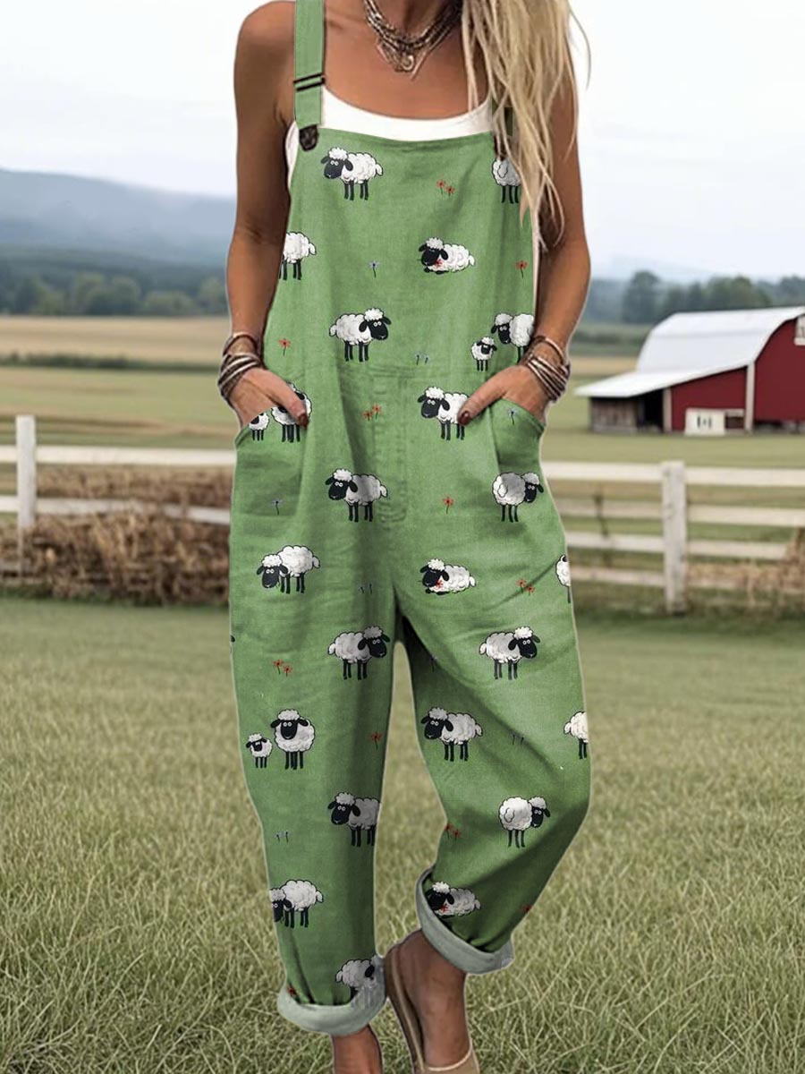 Women's Lovely Sheep Pattern Art Print Casual 100% Cotton Wide Leg Jumpsuit