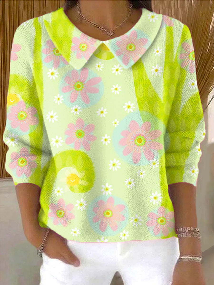 womens-beautiful-flower-and-vine-painting-art-print-casual-peter-pan-collar-3-4-sleeve-sweater