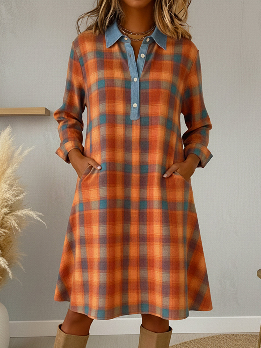 Retro Casual Denim Patchwork Plaid Print A-line Dress