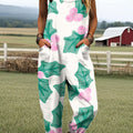 Women's Fashion Leaf Art Print Casual 100% Cotton Wide Leg Jumpsuit