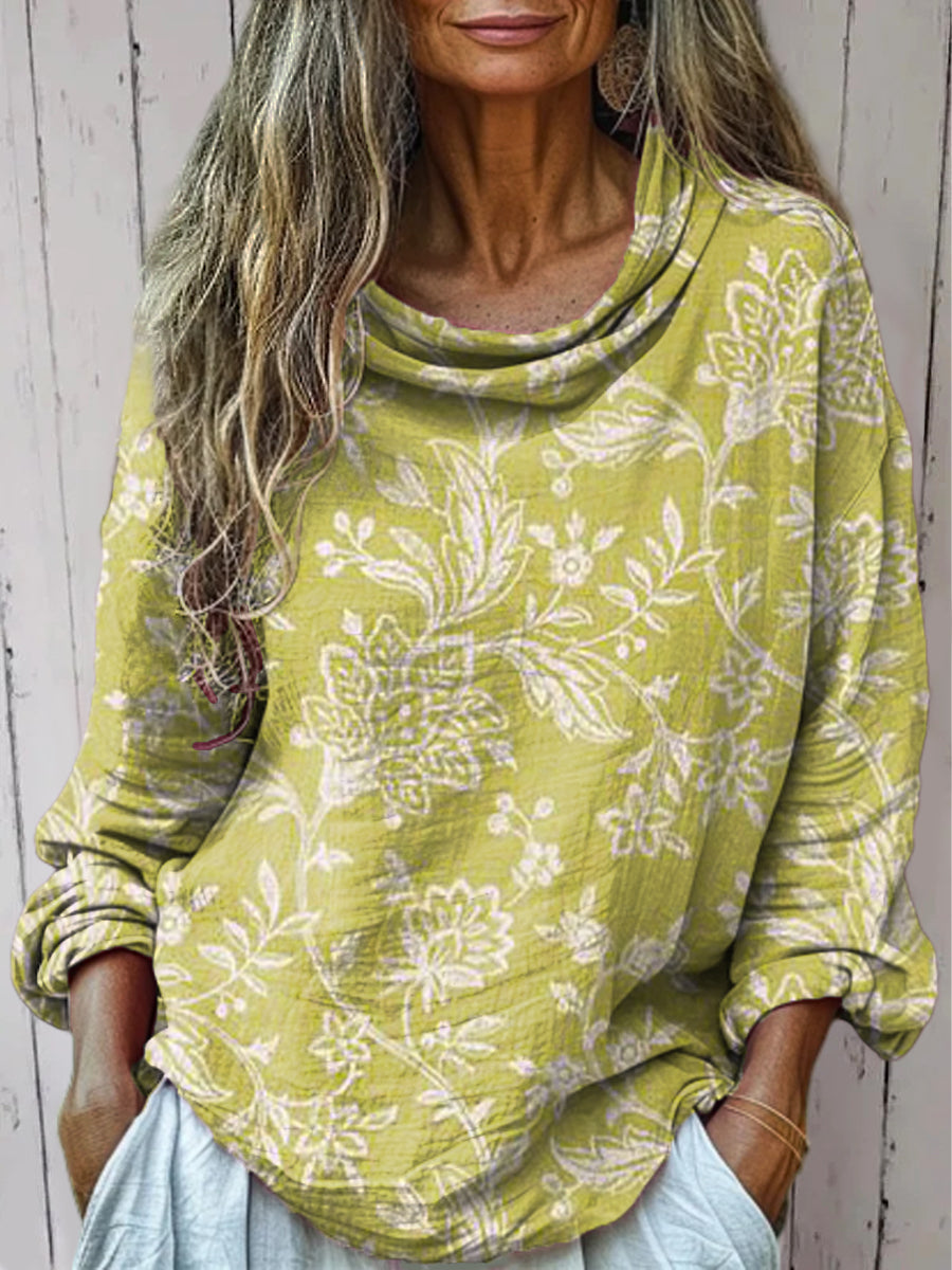 Women's Vintage Ethnic Floral Painting Art Print Casual Long Sleeve Comfortable Cotton Shirt