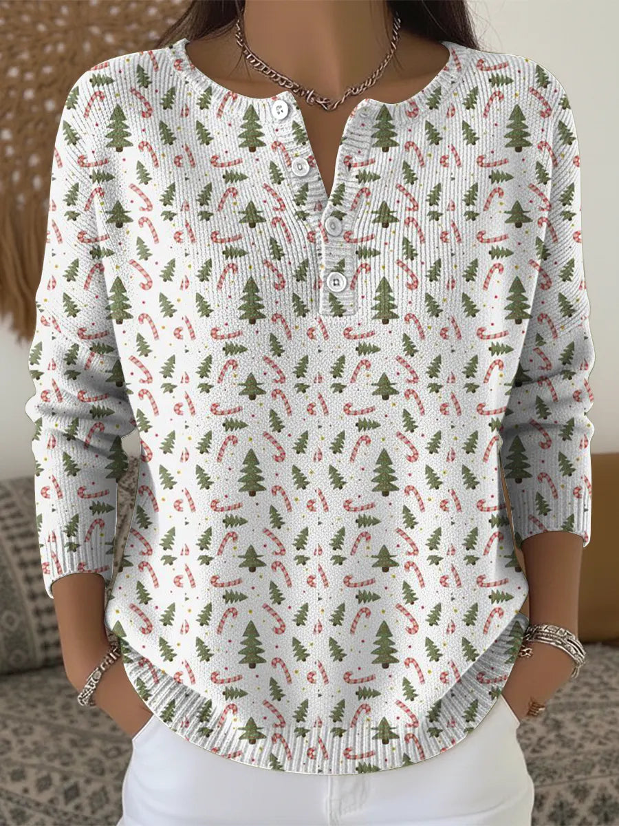 Retro Christmas-themed Floral Print Buttoned Cardigan Sweater