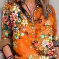 Women's Vintage Orange Floral Painting Art Print Casual Cotton And Linen Shirt