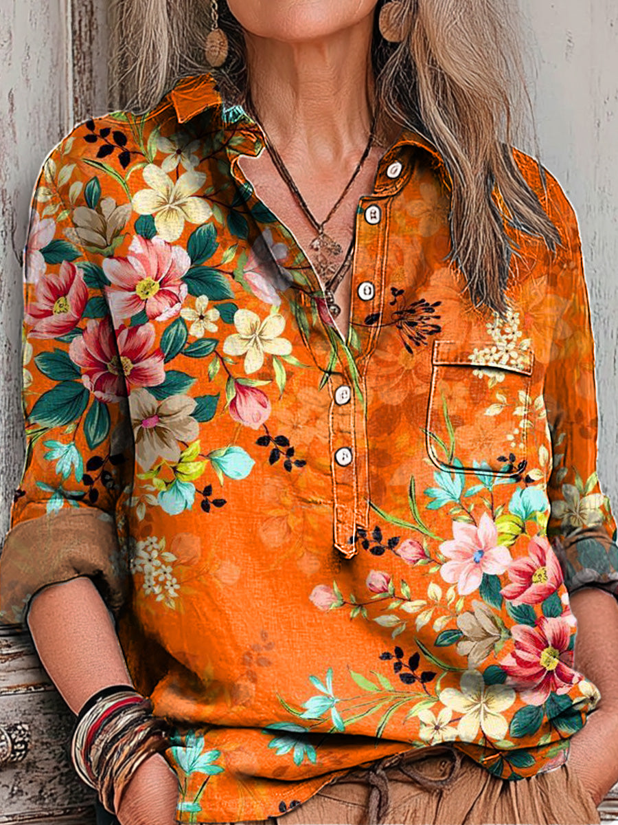 Women's Vintage Orange Floral Painting Art Print Casual Cotton And Linen Shirt