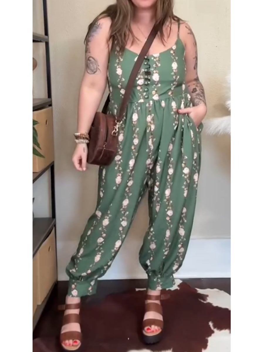 Women's Green floral Print Casual 100% Cotton Jumpsuit