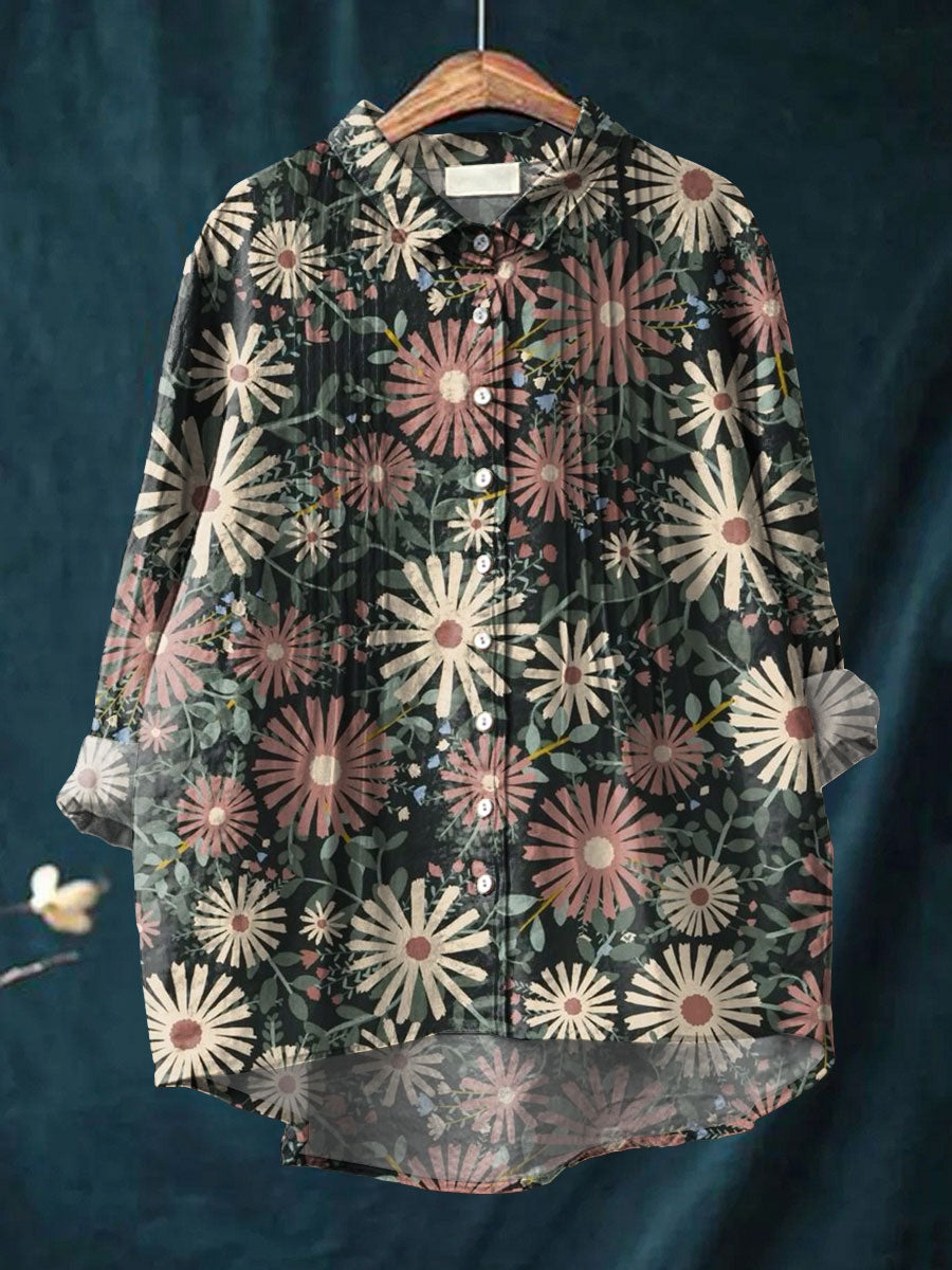 Women's Simple Floral Pattern Art Print Casual Cotton And Linen Ruffle Shirt