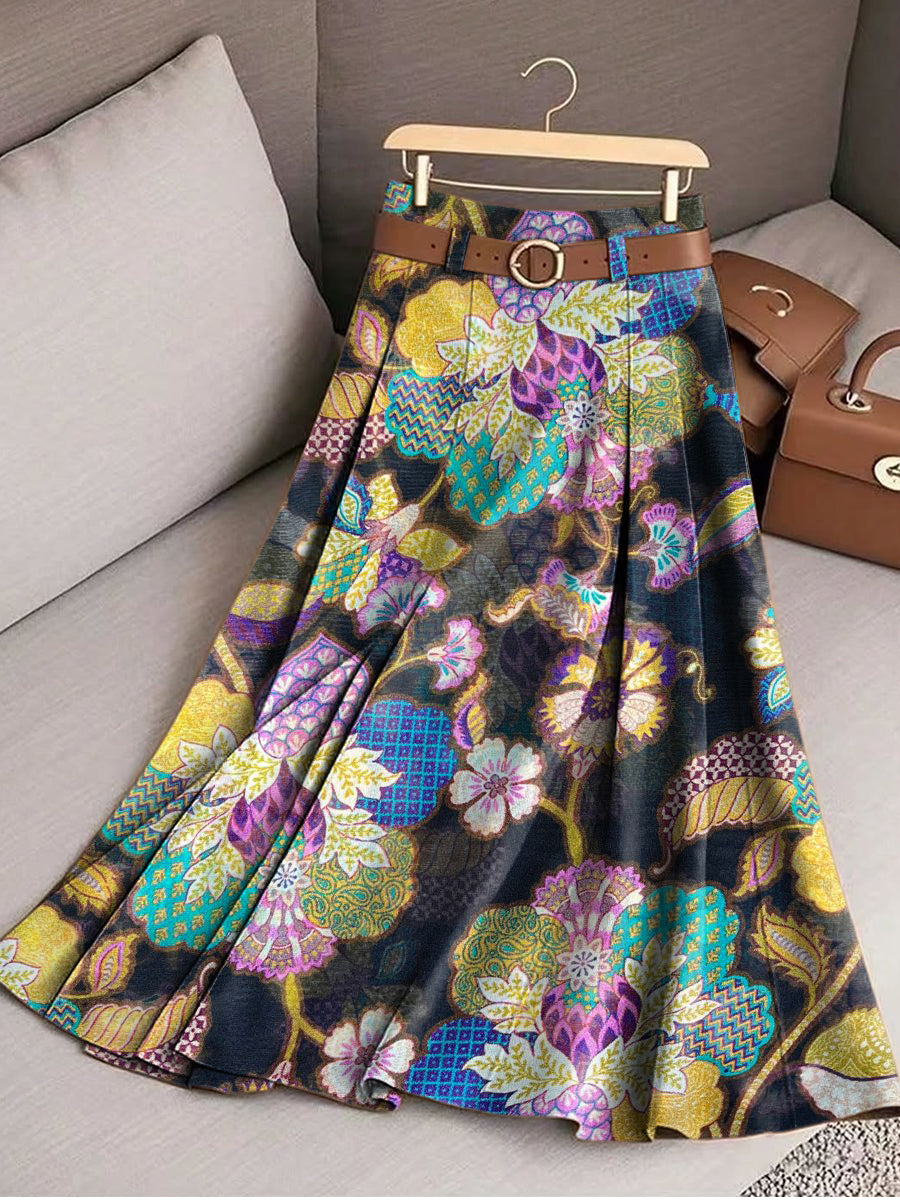 Women's Beautiful Colorful Large Flower Painting Art Print Cotton Skirt