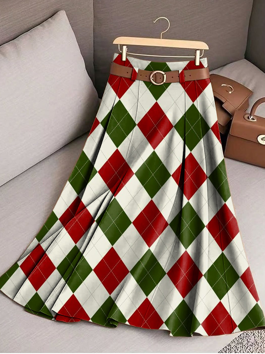 Women's Vintage Beautiful Diamond Check Art Print Cotton Skirt