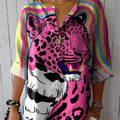 Women's Vintage Lovely Leopard Art Print Casual Cotton Linen Shirt