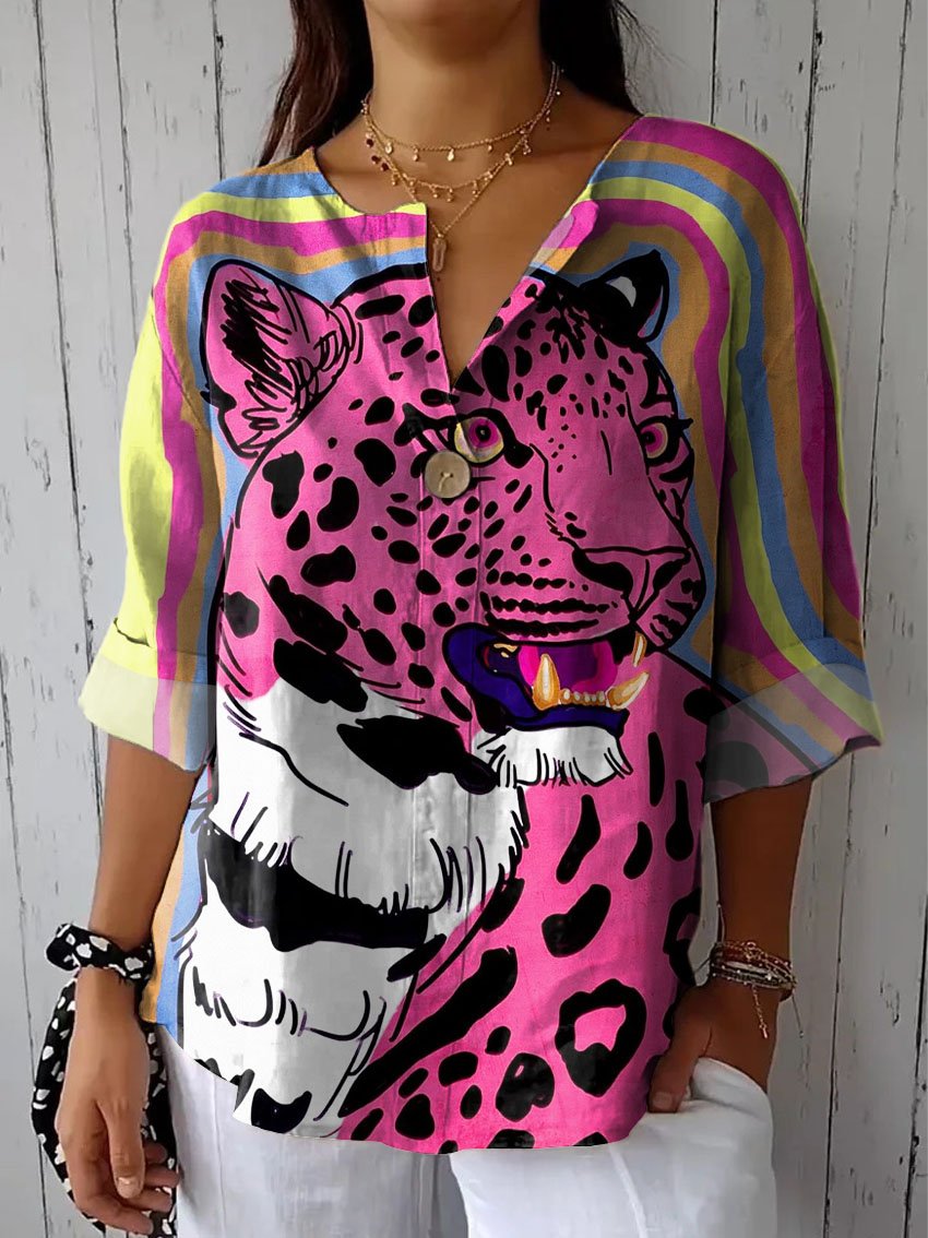 Women's Vintage Lovely Leopard Art Print Casual Cotton Linen Shirt