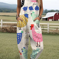 Women's  Vintage  Funny Chicken Art Print Casual 100% Cotton Wide Leg Jumpsuit