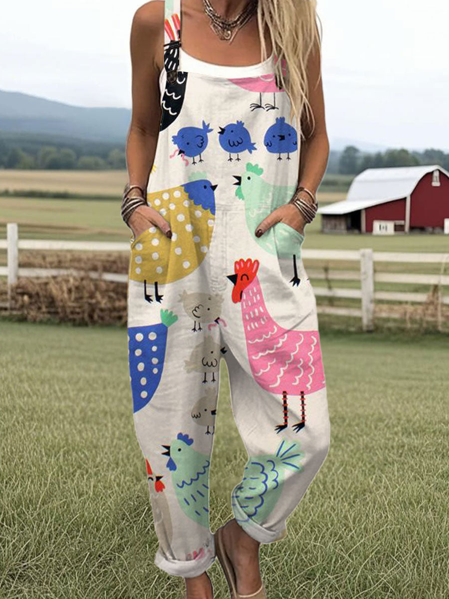 Women's  Vintage  Funny Chicken Art Print Casual 100% Cotton Wide Leg Jumpsuit