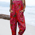 Women's Vintage Floral Art Print Casual 100% Cotton Wide Leg Jumpsuit