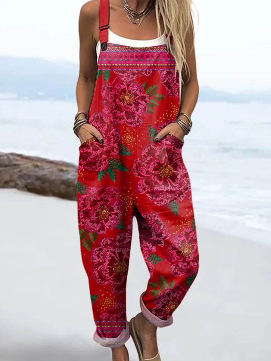Women's Vintage Floral Art Print Casual 100% Cotton Wide Leg Jumpsuit
