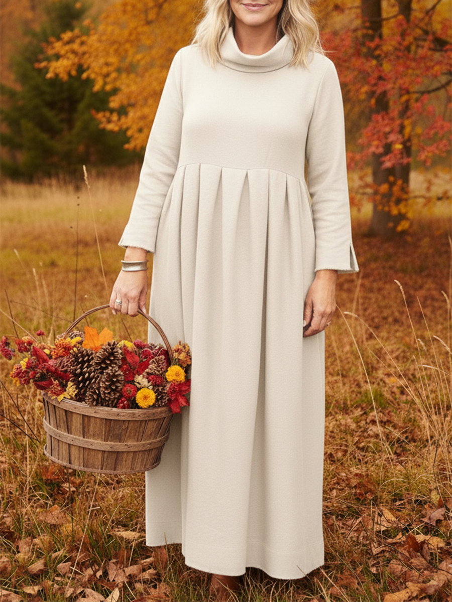 Elegant and Classic Solid Color Cowl Neck Pleated Midi Dress