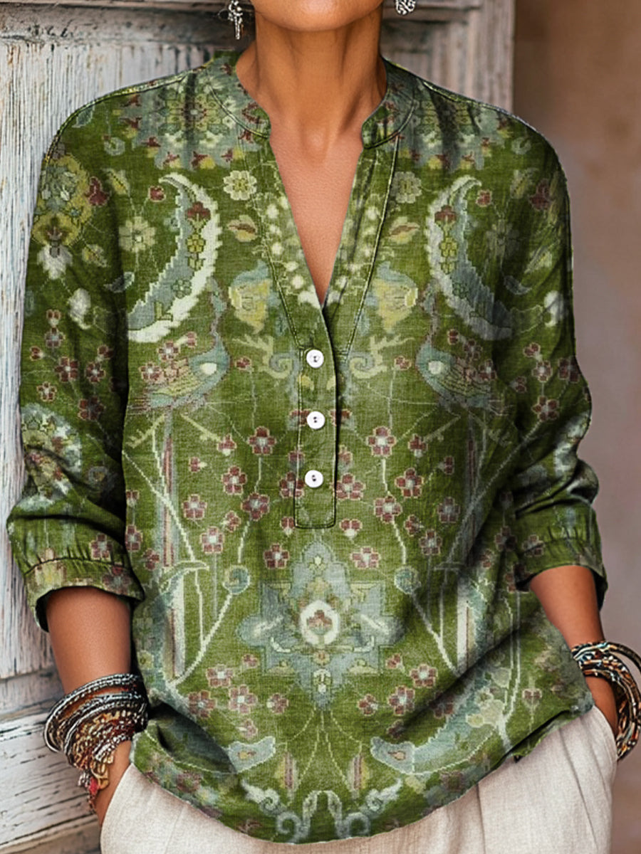 Women's Vintage Ethnic Floral Painting Art Print Casual Cotton And Linen Shirt