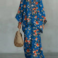 Women's Vintage Floral Art Comfortable Loose Cotton Linen Wide-leg Pants Two-piece Set