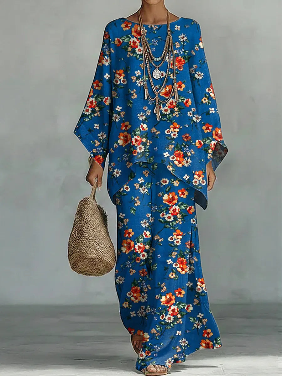 Women's Vintage Floral Art Comfortable Loose Cotton Linen Wide-leg Pants Two-piece Set