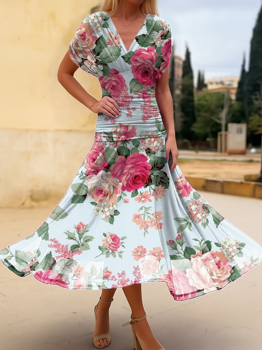 Women's Beautiful Rose Flower Painting Art Print Cotton Dress