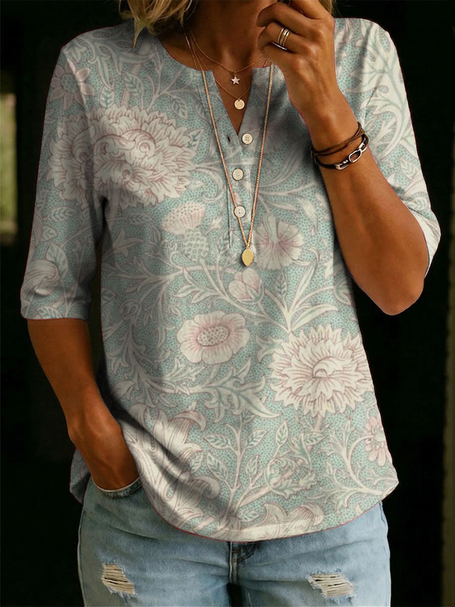 Women's Floral Pattern Art Casual Classic Henley Collar 100% Cotton T-shirt