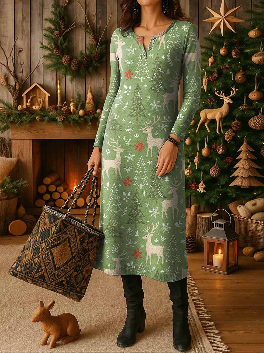 Women's Christmas Print Crew Neck Long Sleeve Casual Loose Knit Dress