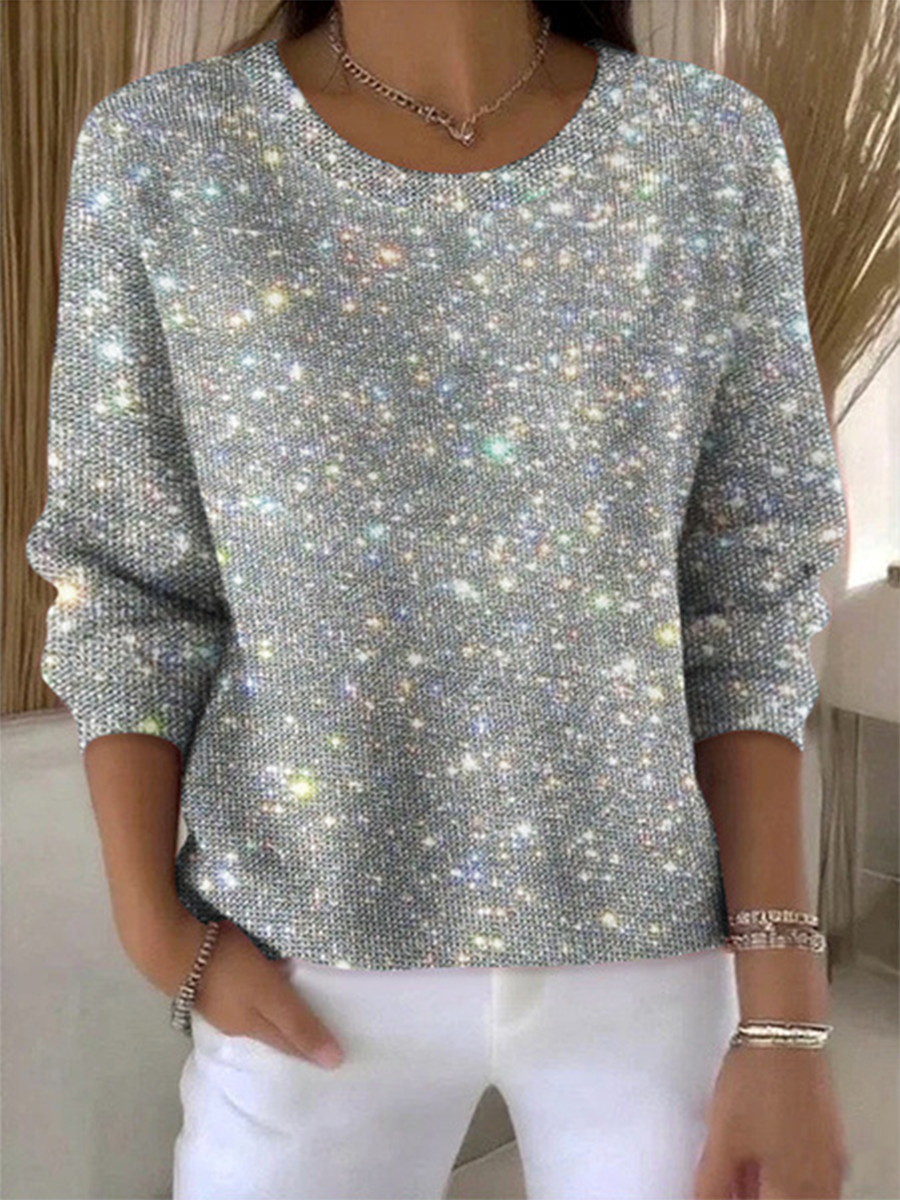 Women's Round Neck Silver Glitter Print Sweater Top