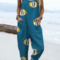 Women's  Fish Vintage Art Print Casual 100% Cotton Wide Leg Jumpsuit