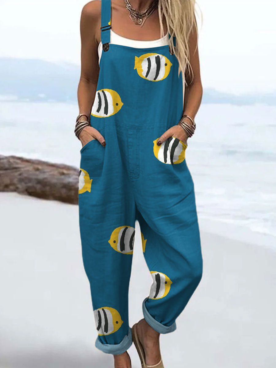Women's  Fish Vintage Art Print Casual 100% Cotton Wide Leg Jumpsuit