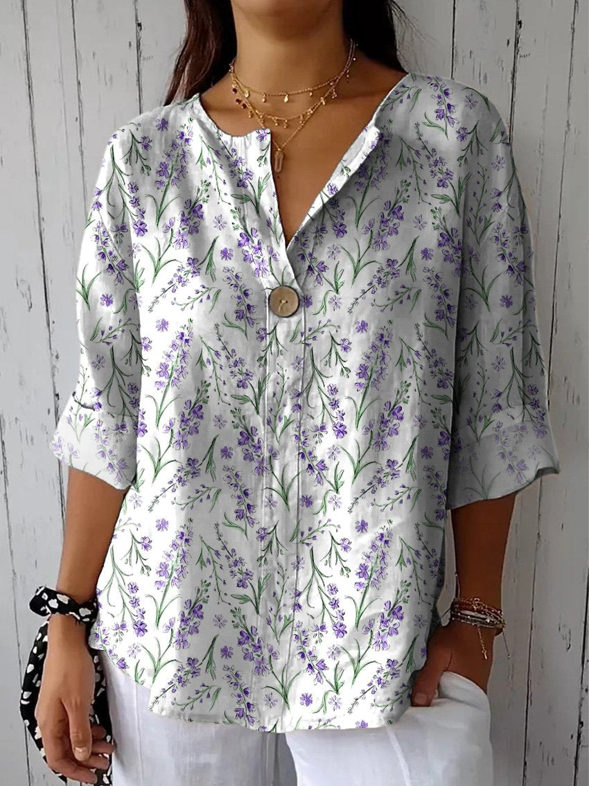 Spring Delphinium Floral Pattern Printed Women's Casual Cotton Linen Shirt
