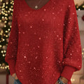 Christmas Sparkling Cozy V-neck Lantern Sleeve Knit Sweater