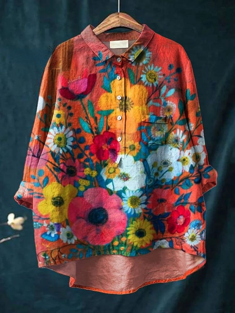 Women's Vintage Floral Art Print Casual Cotton And Linen Shirt